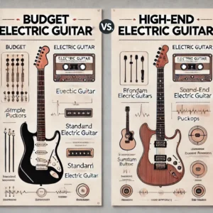 An infographic comparing budget vs. high-end electric guitars, highlighting differences in finish, pickups, hardware, and overall build quality.