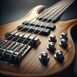 A close-up view of the fingerboard and strings of an electric stand-up bass, highlighting its smooth playability and high-tech materials.