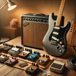 A left-handed electric guitar placed next to an amplifier and essential accessories like a pedalboard, cables, and guitar picks, ready for a performance in a warm studio setting