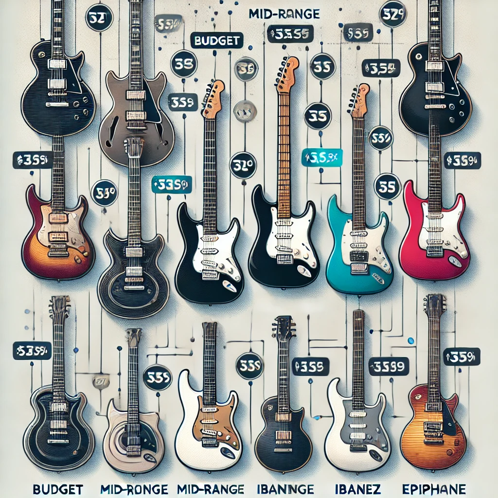 An infographic-style image displaying budget, mid-range, and high-end electric guitars with price tags, showcasing different cost categories for a complete pricing guide. electric guitar cost