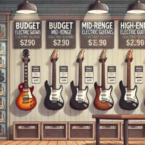 An electric guitar store showcasing budget, mid-range, and high-end models with visible price tags, arranged in a modern, well-lit setting.