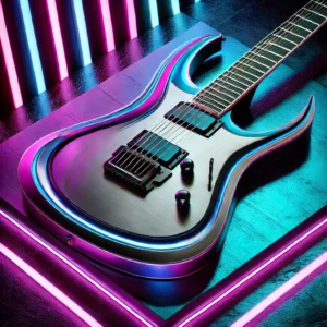 A cutting-edge electric guitar with a sleek, metallic finish and futuristic design, set against a vibrant, neon-lit background.