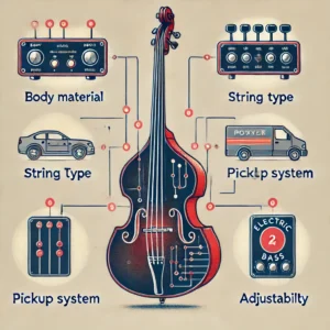 An infographic highlighting essential features to consider when purchasing an electric upright bass, including body material, pickup system, and string type