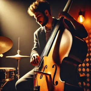 A musician performing with an electric upright bass on a small jazz stage, creating an intimate, warm atmosphere