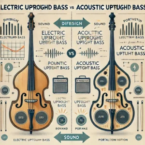 A side-by-side infographic comparing an electric upright bass and an acoustic upright bass, highlighting key differences in design, sound, and amplification