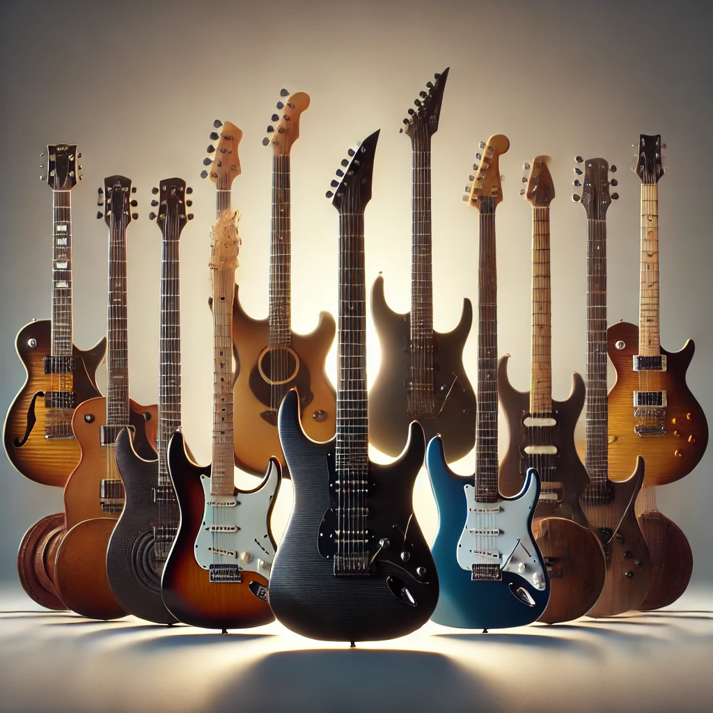 A collection of electric guitars in various price ranges, from budget-friendly models to high-end premium designs, displayed on a clean gradient background.