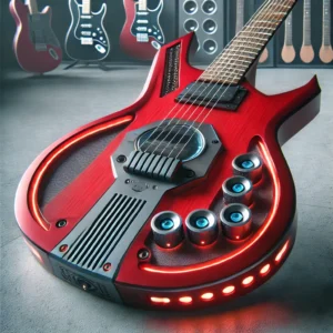 A futuristic red electric guitar with an innovative design, blending modern technology and cutting-edge aesthetics for a unique musical experience.