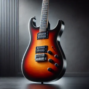 A mid-range electric guitar with a vibrant sunburst finish and sleek double-cutaway body, highlighting style and versatility.