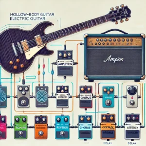 Illustration showing the amplification setup for a hollow-body electric guitar, displaying the signal flow from the guitar to an amplifier and effects pedals like reverb, chorus, and delay.