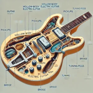 Detailed diagram of a hollow-body electric guitar showing labeled parts like f-holes, pickups, bridge, tuning pegs, and body.
