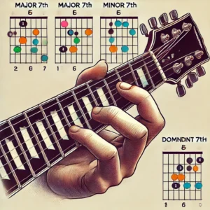 Jazz chord chart for a hollow-body electric guitar, showing finger placement for major 7th, minor 7th, and dominant 7th chords with colored dots on the fretboard.