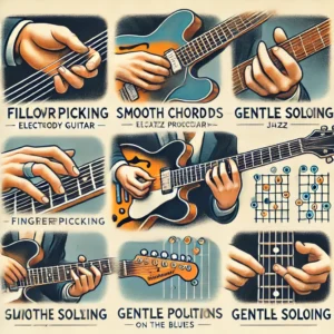 Illustration showing different playing techniques for a hollow-body electric guitar across jazz and blues genres, including fingerpicking, smooth chord progressions, and gentle soloing.