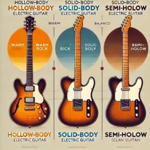 Tone comparison chart showing the warm, rich sound profile of a hollow-body electric guitar, the bright tones of a solid-body, and the balanced tones of a semi-hollow guitar.