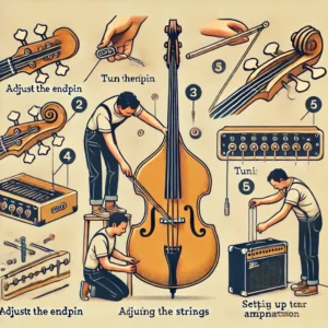 A step-by-step illustration guiding users on how to properly set up an electric upright bass for optimal performance