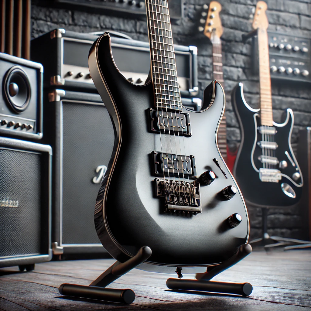 A sleek left-handed electric guitar displayed on a stand in a modern music studio, surrounded by amplifiers and professional music equipment.