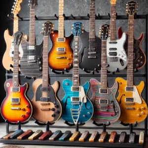 A collection of popular left-handed electric guitar models in various colors, displayed on a stylish guitar rack with diverse body shapes and designs