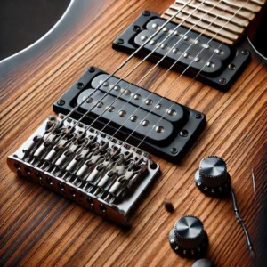 A close-up of the fretboard and pickups of a left-handed electric guitar, highlighting the detailed wood grain, metal frets, and reversed headstock.