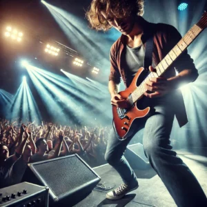 A musician passionately playing a left-handed electric guitar on stage, under bright concert lights, with an energetic crowd in the background