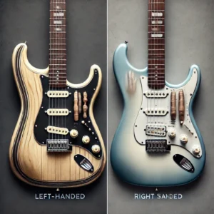 A side-by-side comparison of a left-handed and right-handed electric guitar, showcasing differences in body shape, control placement, and headstock orientation