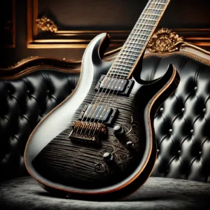 A high-end electric guitar with a luxurious, glossy black finish and intricate detailing, showcasing premium craftsmanship.
