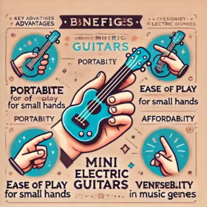 An infographic highlighting the key benefits of mini electric guitars, including portability, ease of play, affordability, and versatility.