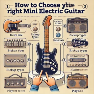 A step-by-step instructional illustration showing how to choose the right mini electric guitar based on size, pickups, materials, and playability.