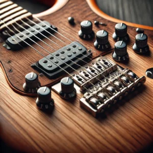 A detailed close-up of a mini electric guitar, showcasing its fretboard, pickups, volume and tone knobs, and sleek wooden body.