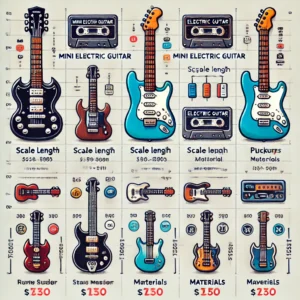 A comparison chart illustration showcasing different mini electric guitar models, highlighting specifications such as scale length, pickups, materials, and price points.