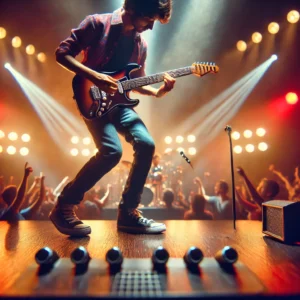 A musician performing on stage with a mini electric guitar, immersed in music with vibrant stage lighting and audience engagement.