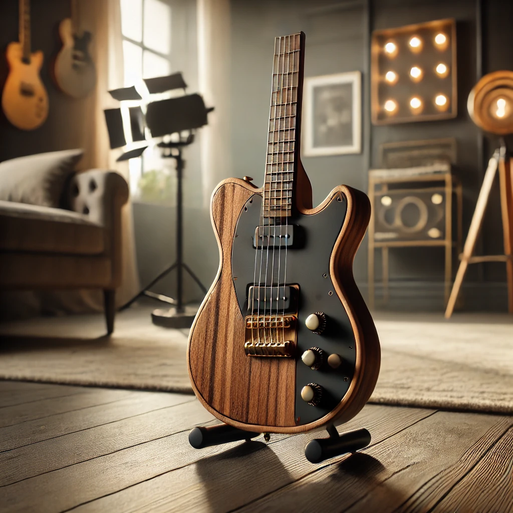 A stylish and high-quality mini electric guitar in a well-lit studio setting, featuring a sleek and compact design with polished wood and modern aesthetics.