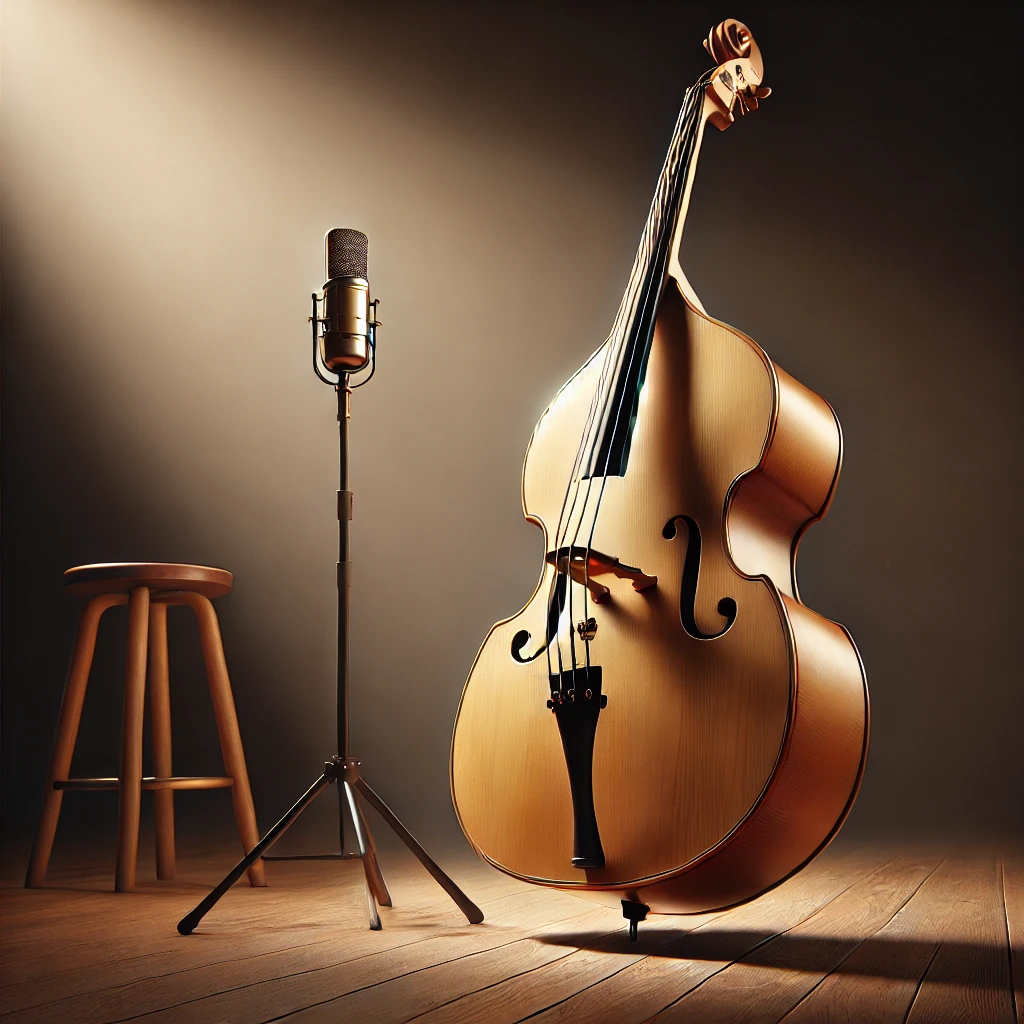 A modern electric upright bass standing on a wooden stage with soft spotlight lighting, showcasing its sleek design and craftsmanship