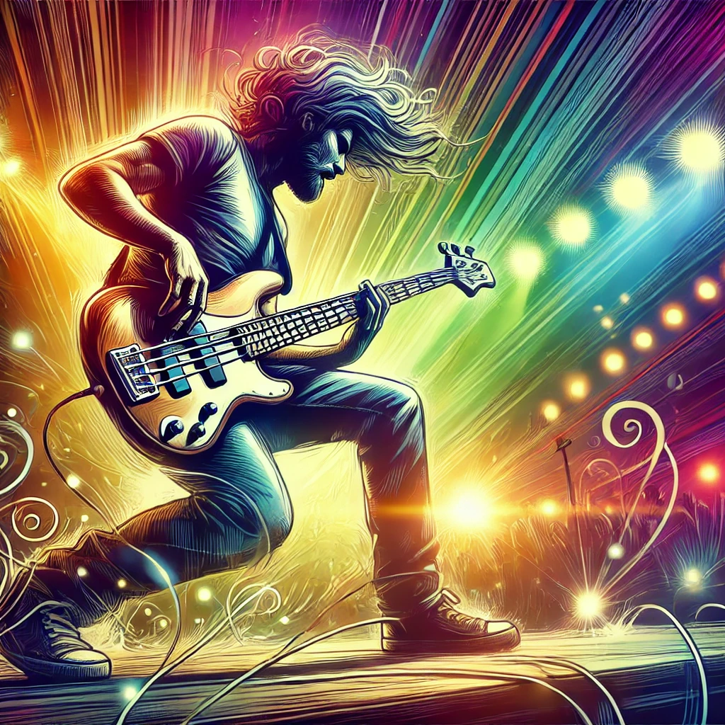 A lively illustration of a musician playing a 4 string electric bass guitar on stage, surrounded by colorful lights in an energetic and dynamic atmosphere