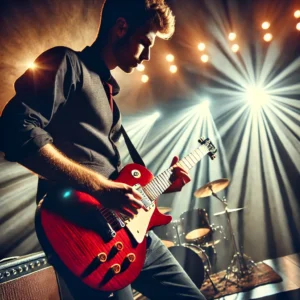 A professional musician playing a red electric guitar on stage, demonstrating its rich sound and versatility in live performance.