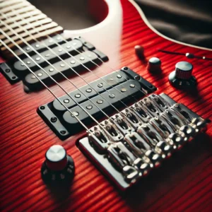 A close-up view of a red electric guitar’s fretboard and pickups, displaying intricate details and premium craftsmanship.