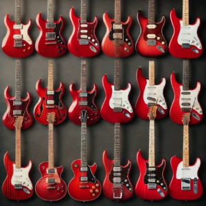 A side-by-side comparison of different red electric guitars, showcasing various body shapes, finishes, and pickup configurations.