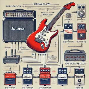 Amplification and effects setup for a red Ibanez electric guitar with a single humbucker pickup, showing the signal flow through distortion, overdrive, and reverb pedals to an amplifier.
