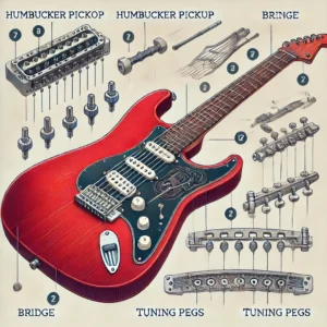 Detailed diagram of a red Ibanez electric guitar with a single humbucker pickup, showing labeled parts like the humbucker, bridge, tuning pegs, and neck.