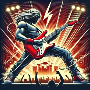 Iconic player style for a red Ibanez electric guitar with a single humbucker pickup, showing a guitarist shredding on stage with fast solos and heavy riffs in a rock concert atmosphere.