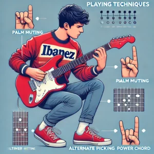 Tone profile chart for a red Ibanez electric guitar with a single humbucker pickup, visualizing its powerful, deep, and warm sound compared to other pickup types.