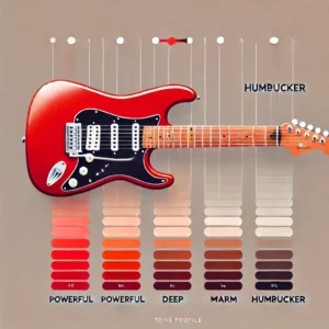 Tone profile chart for a red Ibanez electric guitar with a single humbucker pickup, visualizing its powerful, deep, and warm sound compared to other pickup types.