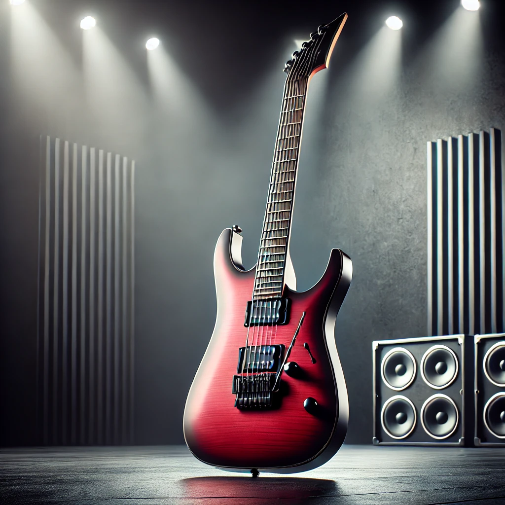 Sleek red Ibanez electric guitar with a single humbucker pickup, set against a high-contrast stage background with dramatic lighting, highlighting its minimalist design and powerful sound. red ibanez single humbucker