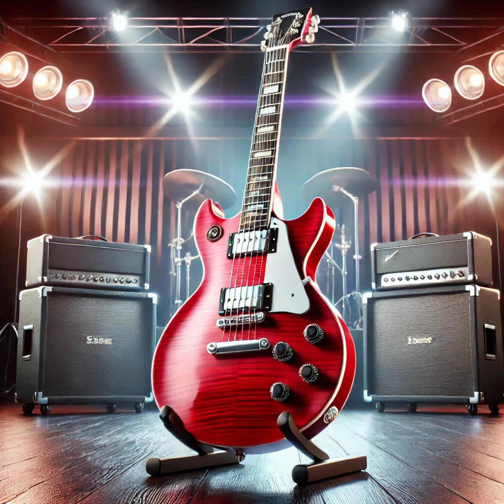 A stunning red electric guitar with a glossy finish, highlighting its sleek design and high-quality craftsmanship.