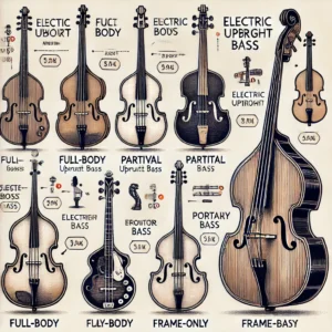 An illustration comparing different types of electric upright bass models, showcasing full-body, partial-body, and frame-only designs