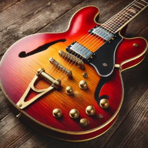 A vintage-inspired red electric guitar with a semi-hollow body, featuring classic aesthetics and a warm, resonant tone.