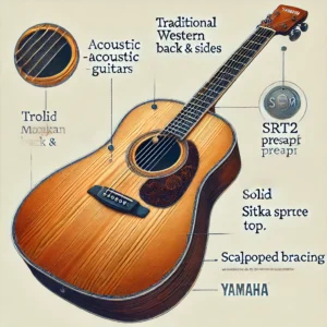 The Yamaha A3M acoustic-electric guitar with a western body, solid Sitka spruce top, mahogany back, and SRT2 preamp system, offering premium sound for 2025.