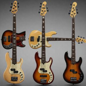 Various body shapes and designs of 5 string electric bass guitars.