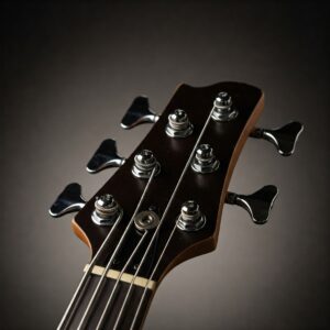 The headstock of a 5 string electric bass guitar with its five tuning pegs clearly visible.