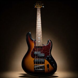 A 5 string electric bass guitar showcasing different types of pickups for varied tones.