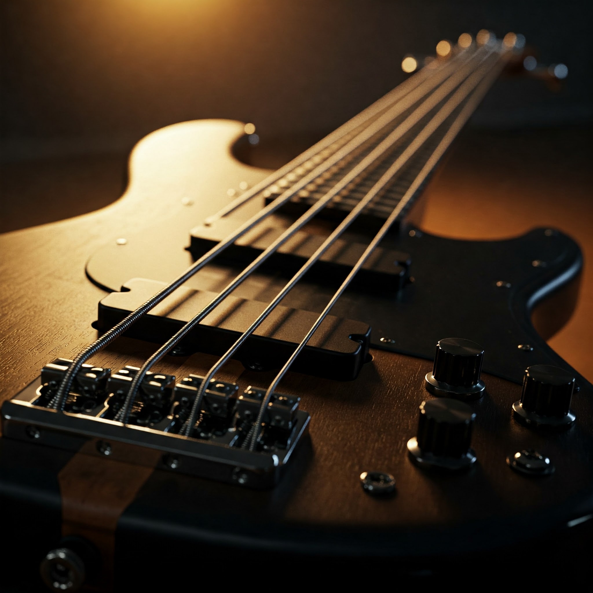 A detailed closeup of a 5 string electric bass guitar, highlighting its strings and hardware.