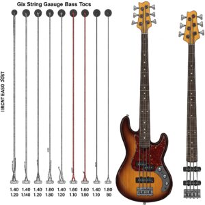 Visual representation of different string gauges for 6 bass strings, illustrating their varying thicknesses.